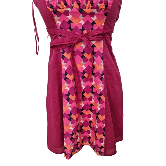 Free People Fun Boho Smocked Beaded Tie Back Pink Cotton Sleeveless Tunic Top 2 - Picture 4 of 9